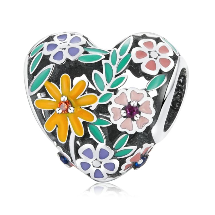 Perline a cuore floreale in argento sterling S925 per bracciale e collana fai da te - Immagine 1