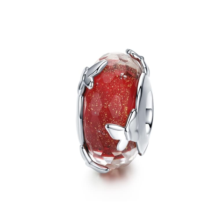 Ciondolo in argento sterling S925 con perla smaltata rossa e farfalle, perline per bracciali e collane fai da te - Immagine 1