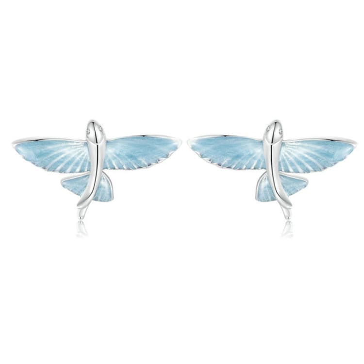 Orecchini a forma di pesce volante con sfumatura blu e bianca placcati in platino e argento sterling S925 (BSE977) - Immagine 1