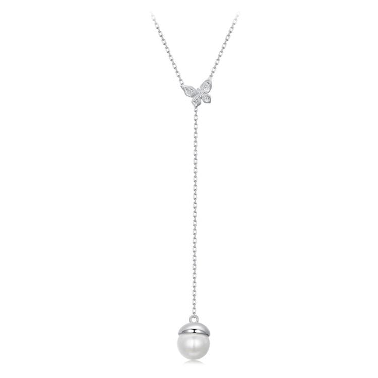 Collana elegante con conchiglie a farfalla e perle in argento sterling S925 placcato platino (BSN415) - Immagine 1