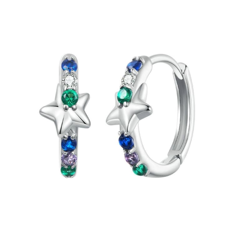Orecchini a clip in argento sterling S925 placcato platino con stelle colorate (BSE1048) - Immagine 1
