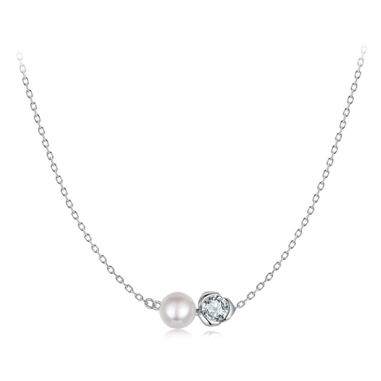 Collana elegante in argento S925 placcato platino con rosa Moissanite e perla (MSN040) - Immagine 1