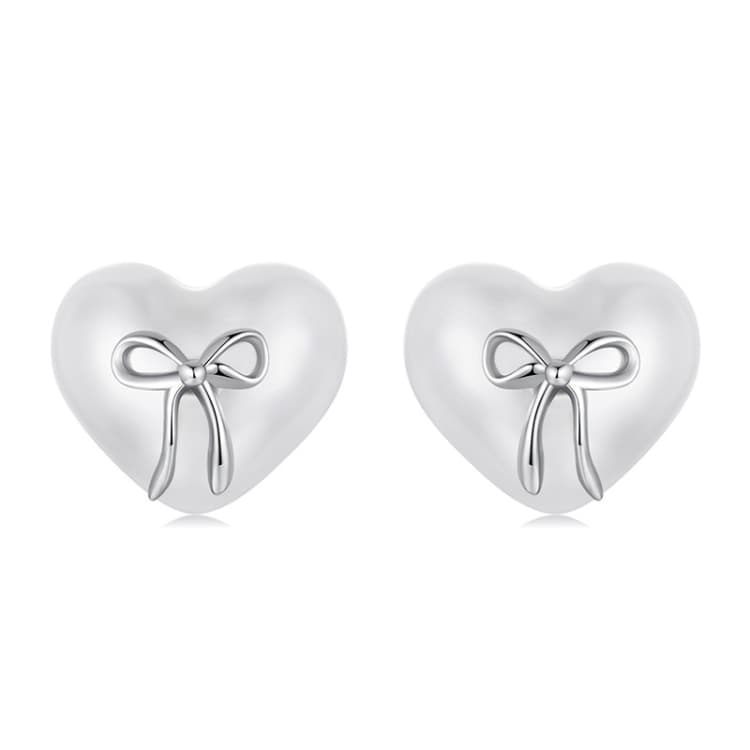 Orecchini a forma di cuore con fiocco in argento sterling S925 placcato platino (SCE1810) - Immagine 1