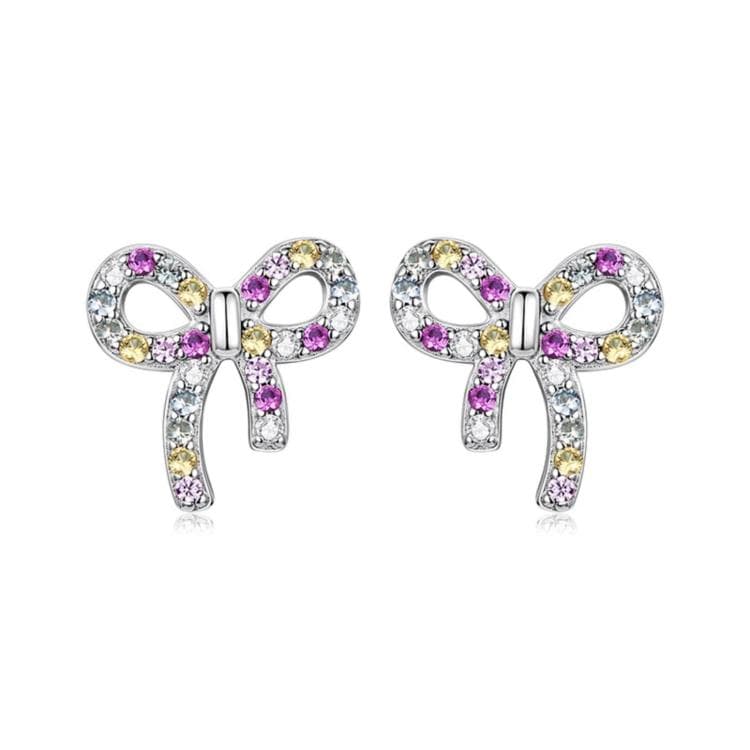 Orecchini a bottone S925 argento sterling dolce fiocco con zirconi colorati (SCE2034) - Immagine 1