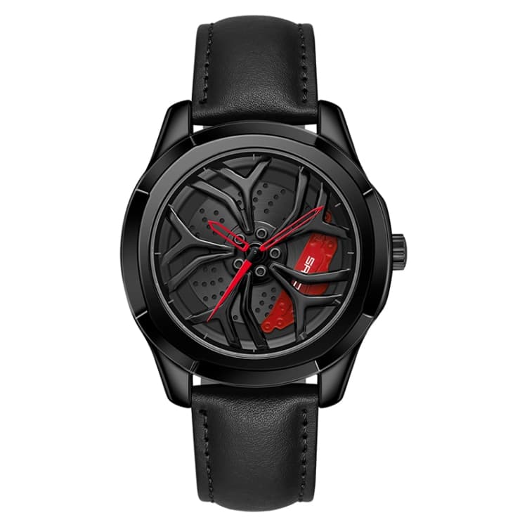 SANDA 1065 3D Hollow Out Wheel Non-rotatable Dial Quartz Watch for Men, Style:Leather Belt(Black Red) - Immagine 1