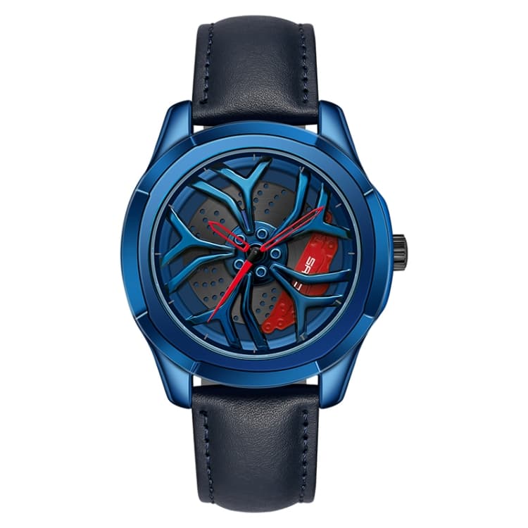 SANDA 1065 3D Hollow Out Wheel Non-rotatable Dial Quartz Watch for Men, Style:Leather Belt(Blue Red) - Immagine 1