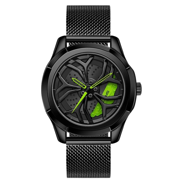 SANDA 1065 3D Hollow Out Wheel Non-rotatable Dial Quartz Watch for Men, Style:Mesh Belt(Black Green) - Immagine 1
