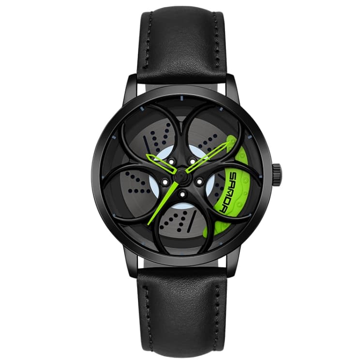 SANDA 1070 3D Oval Hollow Out Wheel Non-rotatable Dial Quartz Watch for Men, Style:Leather Belt(Black Green) - Immagine 1