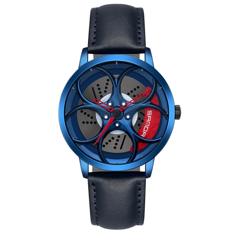 SANDA 1070 3D Oval Hollow Out Wheel Non-rotatable Dial Quartz Watch for Men, Style:Leather Belt(Blue Red) - Immagine 1