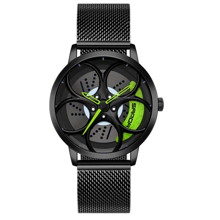 SANDA 1070 3D Oval Hollow Out Wheel Non-rotatable Dial Quartz Watch for Men, Style:Mesh Belt(Black Green) - Immagine 1
