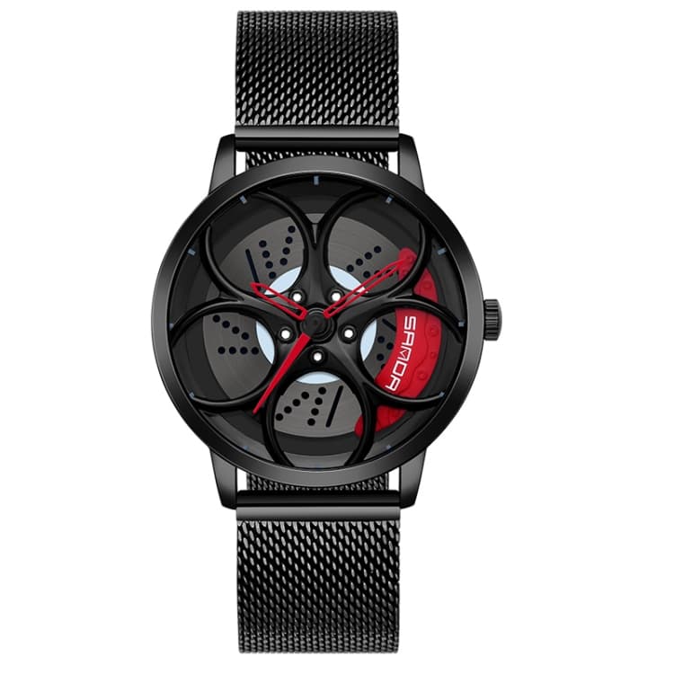 SANDA 1070 3D Oval Hollow Out Wheel Non-rotatable Dial Quartz Watch for Men, Style:Mesh Belt(Black Red) - Immagine 1