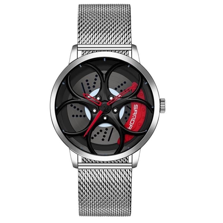 SANDA 1070 3D Oval Hollow Out Wheel Non-rotatable Dial Quartz Watch for Men, Style:Mesh Belt(Silver Red) - Immagine 1