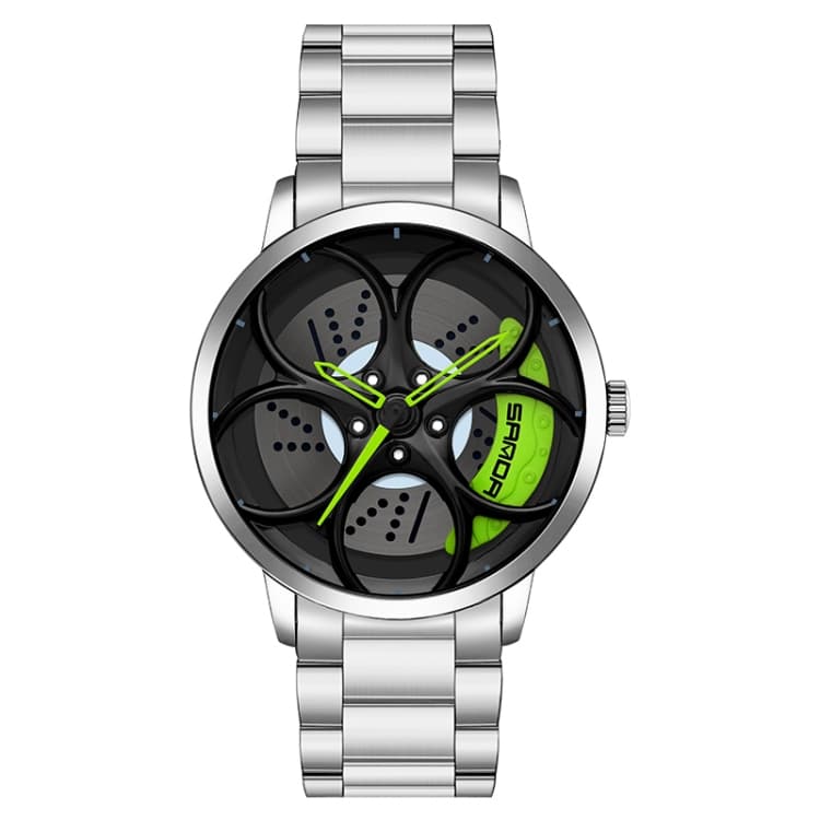 SANDA 1070 3D Oval Hollow Out Wheel Non-rotatable Dial Quartz Watch for Men, Style:Steel Belt(Silver Green) - Immagine 1