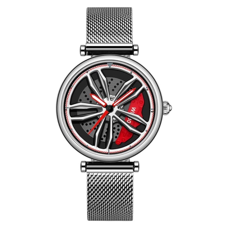 SANDA 1074 Orologio da donna al quarzo con quadrante a ruota traforata 3D non rotante, stile: cinturino a rete (rosso argento) - Immagine 1