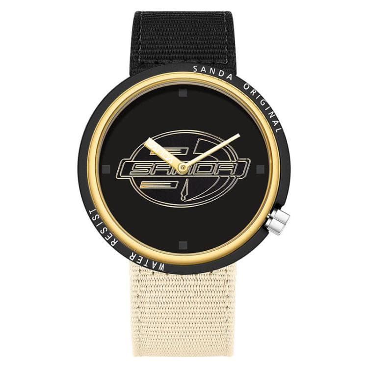 SANDA 3202 Slim Silent 3ATM Waterproof Student Watch with Nylon Strap(Black-Gold Case / Black-Beige) - Immagine 1