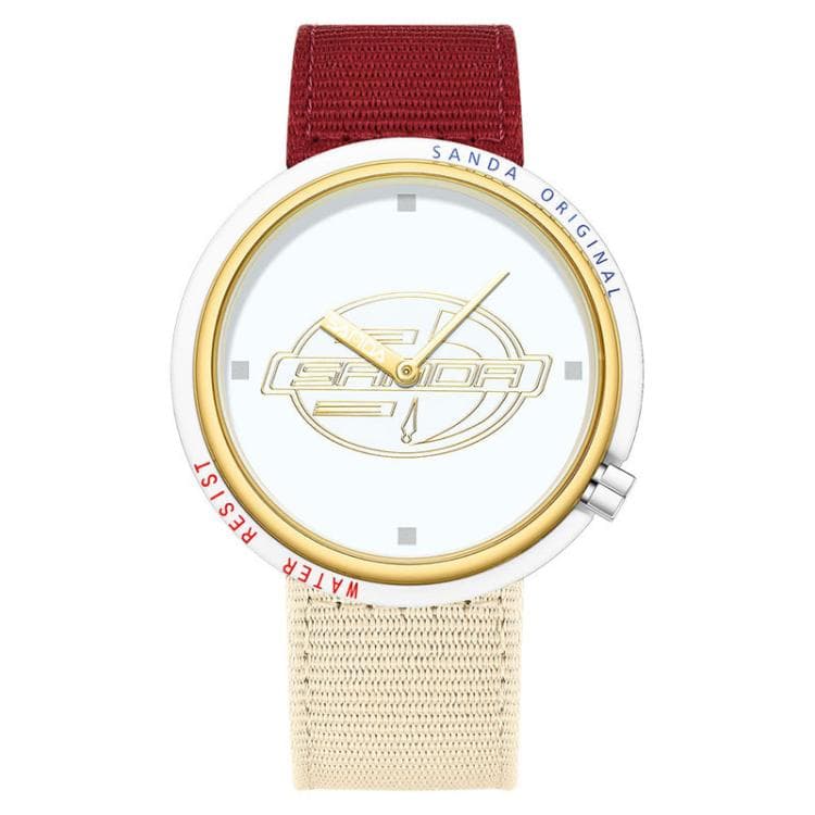 SANDA 3202 Slim Silent 3ATM Waterproof Student Watch with Nylon Strap(White-Gold Case / Red-Beige) - Immagine 1
