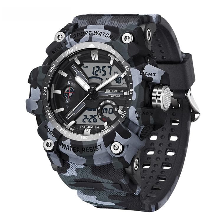 SANDA 3355 Camouflage Multifunction Watch Alarm Clock Waterproof Electronic Watch, Color: Black White - Immagine 1