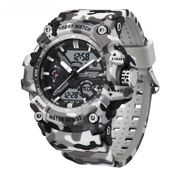 SANDA 3355 Camouflage Multifunction Watch Alarm Clock Waterproof Electronic Watch, Color: Gray White - Immagine 1