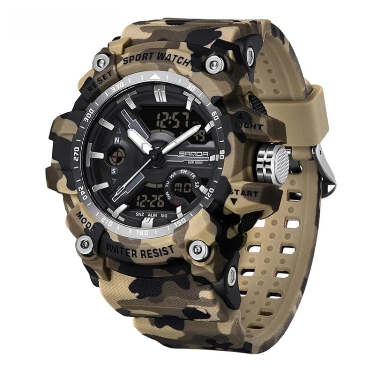 SANDA 3355 Camouflage Multifunction Watch Alarm Clock Waterproof Electronic Watch, Color: Yellow Black - Immagine 1