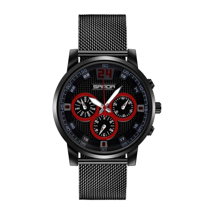 SANDA 5009 Business Fashion Three Eye Six Needle Casual Leather Waterproof Men Quartz Watch(Black Mesh Belt) - Immagine 1