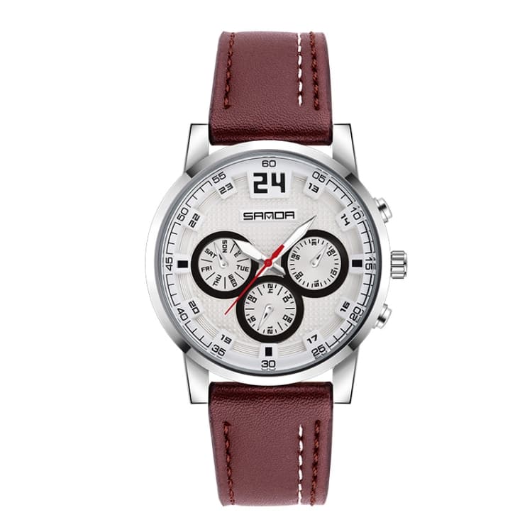 SANDA 5009 Business Fashion Three Eye Six Needle Casual Leather Waterproof Men Quartz Watch(Coffee) - Immagine 1