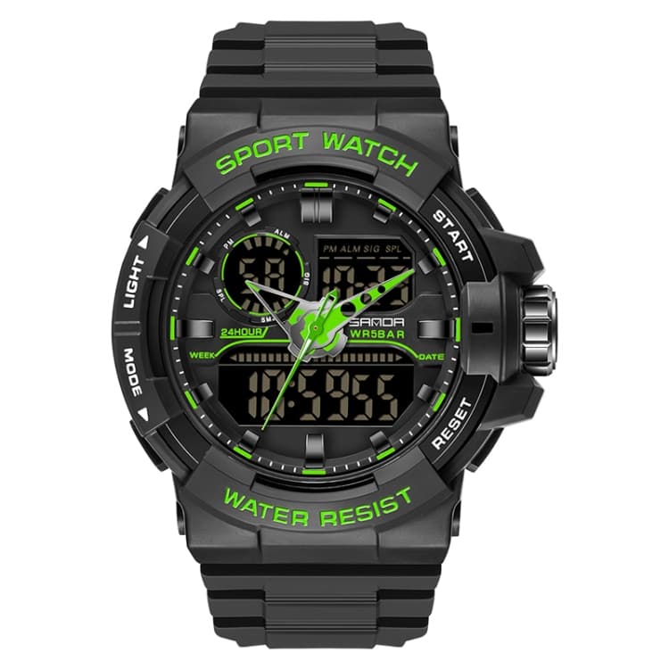 SANDA 6025 Dual Time Digital Display Luminous Calendar Waterproof Multifunctional Men Sports Quartz Watch(Black Green) - Immagine 1