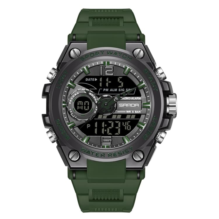 SANDA 6092 Luminous Dual Time Display Waterproof Sports Watch(Black Green) - Immagine 1
