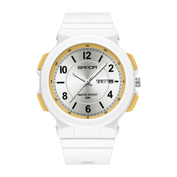 SANDA 6097 TPU Strap Dual Calendar Waterproof Electronic Watch(White Yellow) - Immagine 1
