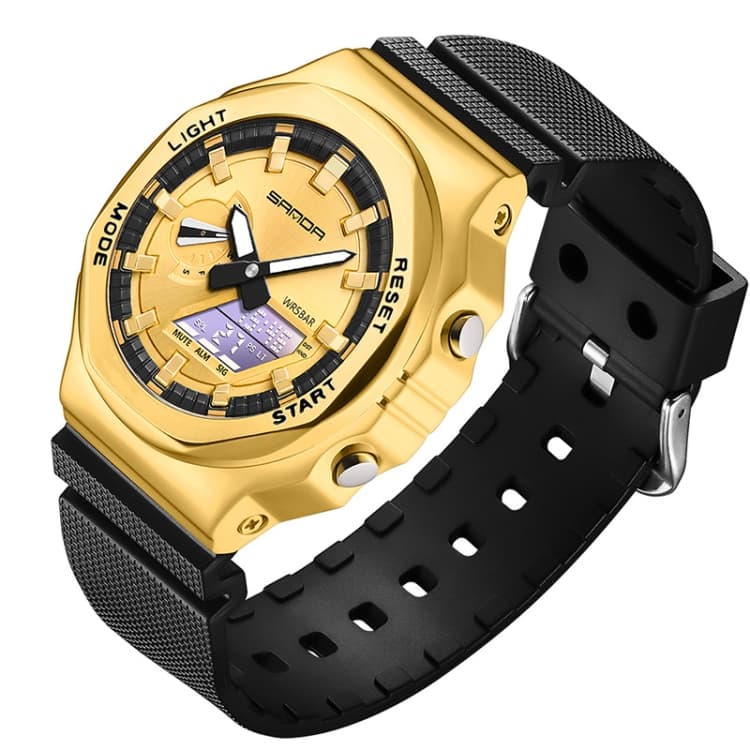 SANDA Octagonal Oak Hand Lamp Waterproof Sports Alarm Clock Men Watch(Black Gold) - Immagine 1