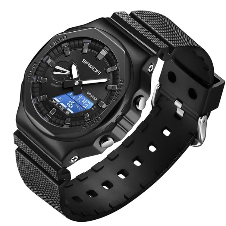 SANDA Octagonal Oak Hand Lamp Waterproof Sports Alarm Clock Men Watch(Black White) - Immagine 1