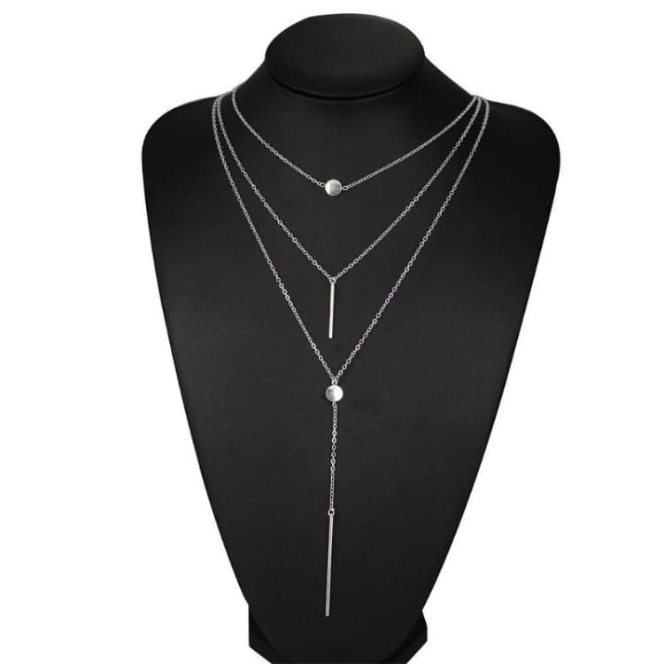 Collana a 3 strati semplice con piccolo punto e barra metallica squisita, catena per maglione (argento) - Immagine 1