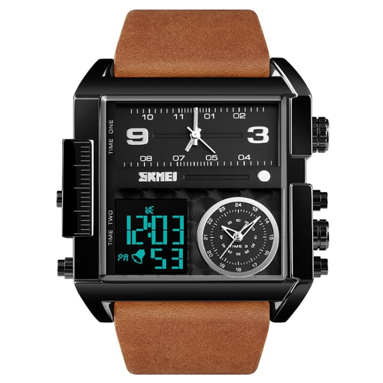 SKMEI 1391 Orologio da polso multifunzionale da uomo business digitale, impermeabile 30m, quadrante quadrato con cinturino in pelle (Nero Marrone) - Immagine 1