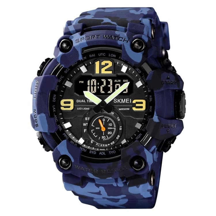 SKMEI 1637 Orologio da uomo con display digitale sportivo, resistente agli urti, cassa in plastica di grandi dimensioni, colore: mimetica blu - Immagine 1