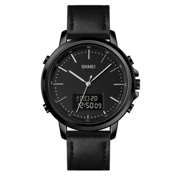 SKMEI 1652 Orologio sportivo da uomo in pelle e lega a doppio movimento, Colore: Nero Cassa Nera - Immagine 1
