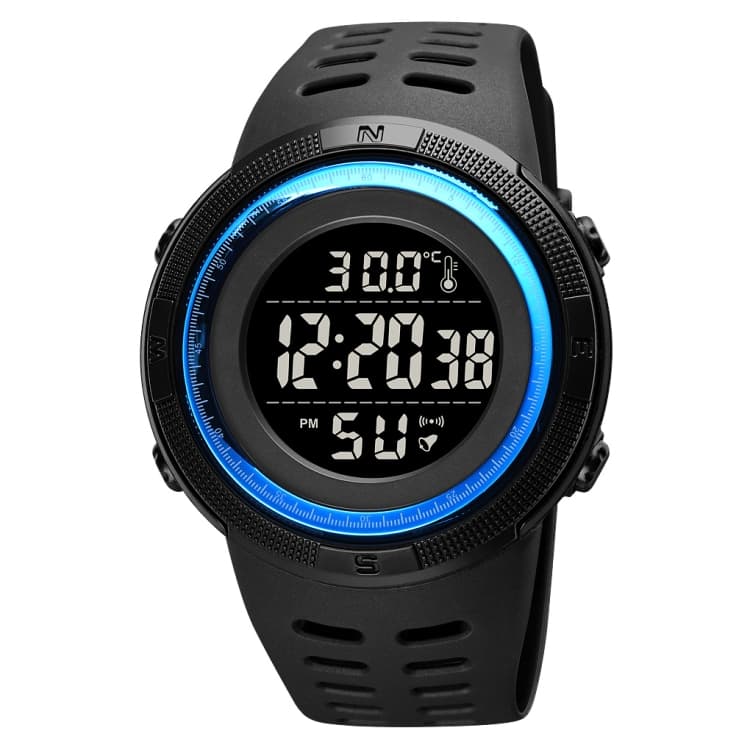 SKMEI 1681 Orologio elettronico luminoso con display digitale LED multifunzionale, supporta la misurazione della temperatura corporea/ambiente (blu nero) - Immagine 1