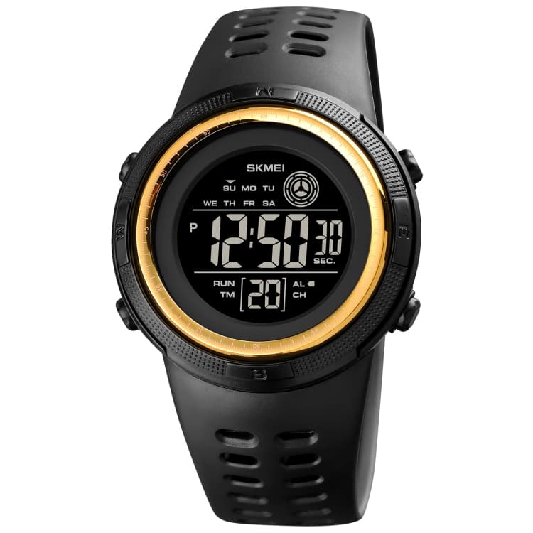 SKMEI 1773 Orologio digitale triplo rotondo con retroilluminazione LED a colori e doppio fuso orario (Oro Nero) - Immagine 1