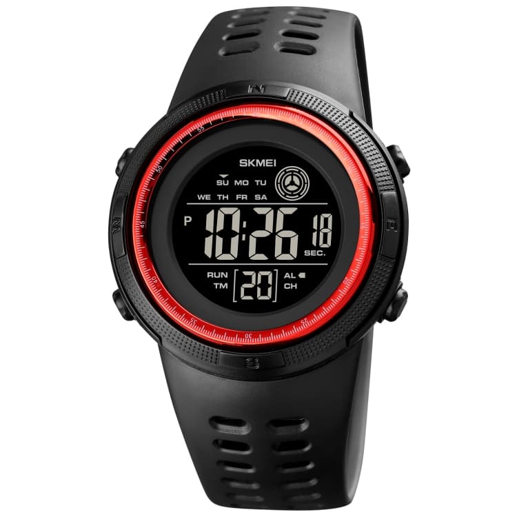 SKMEI 1773 Orologio Digitale Triplo Rotondo con Retroilluminazione LED a Colori e Doppio Fuso Orario (Rosso Nero) - Immagine 1
