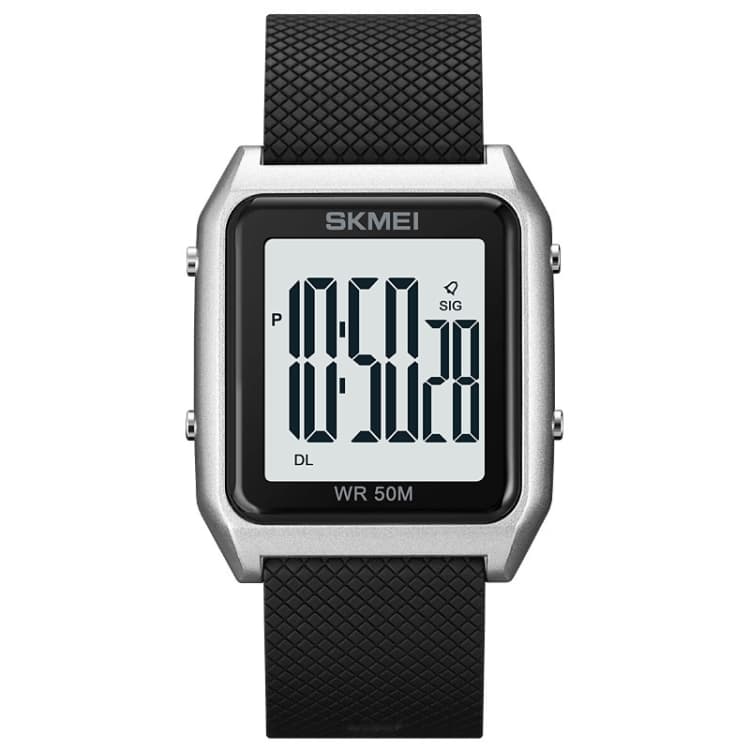 SKMEI 1866 Quadrato Grande Schermo Uomo Cinturino in Acciaio Multifunzione Luce Notturna Sveglia Orologio (Macchina Bianco Argento) - Immagine 1