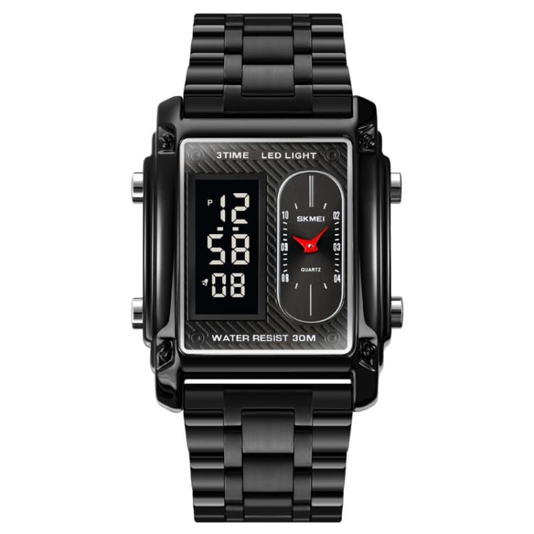 SKMEI 1868 Orologio da uomo quadrato a doppio display impermeabile, Stile: Cinturino in acciaio (Nero) - Immagine 1