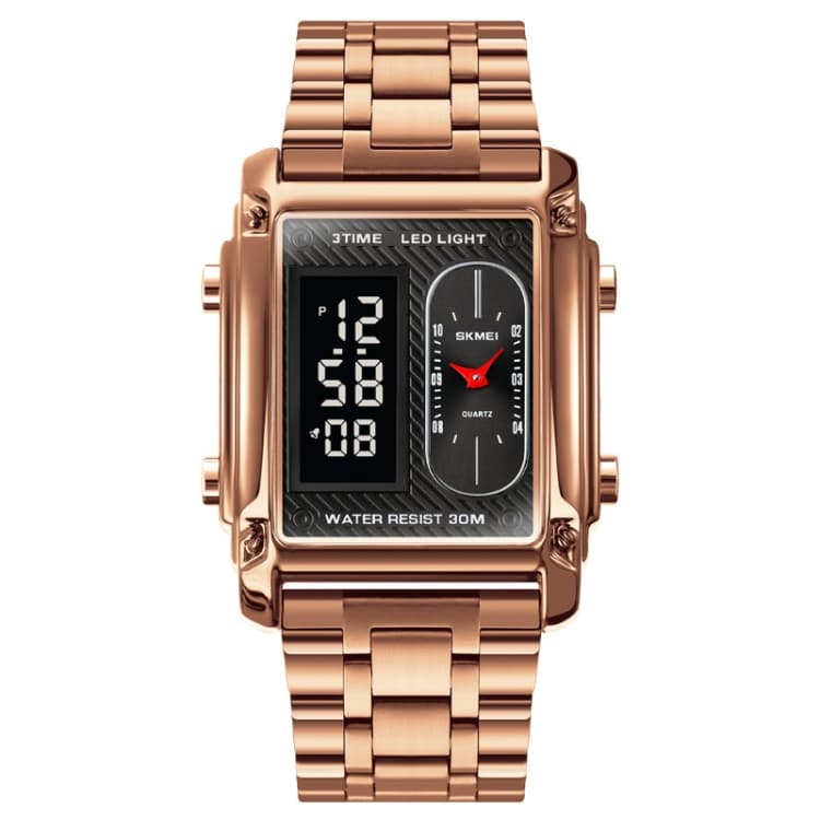SKMEI 1868 Orologio da uomo quadrato a doppio display impermeabile, Stile: Cinturino in acciaio (Oro rosa) - Immagine 1