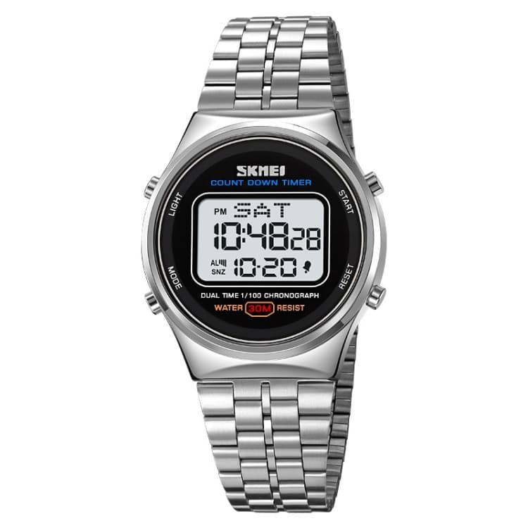 SKMEI 1882 Orologio da polso digitale multifunzionale da uomo in acciaio inossidabile, impermeabile fino a 30 m, luminoso (bianco argento) - Immagine 1