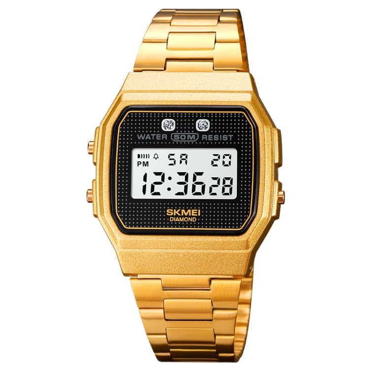 SKMEI 1952 Orologio elettronico impermeabile con cassa in ABS e specchio in resina (cinturino in acciaio dorato) - Immagine 1