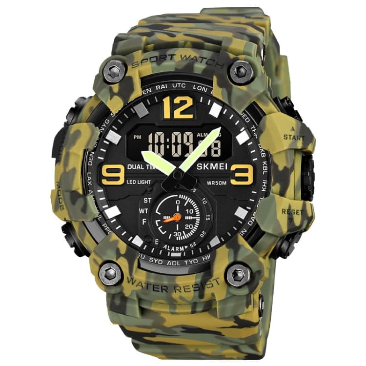 SKMEI 1965 Orologio elettronico impermeabile con cinturino in PU e fibbia in acciaio inossidabile (mimetica verde militare) - Immagine 1
