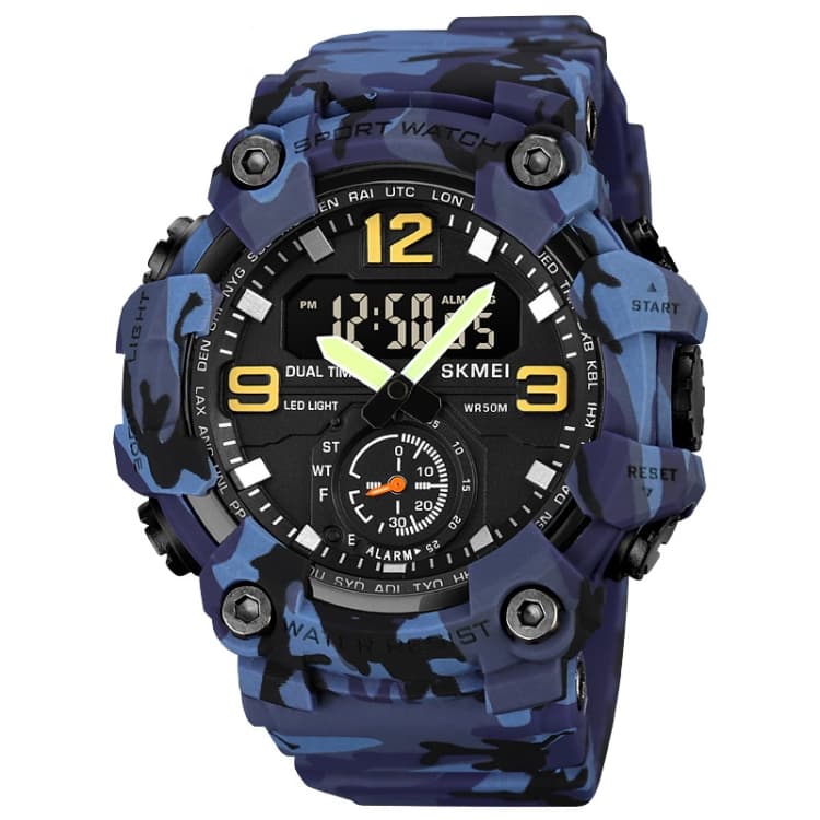 SKMEI 1965 Orologio elettronico impermeabile con cinturino in PU e fibbia in acciaio inossidabile (mimetica blu) - Immagine 1