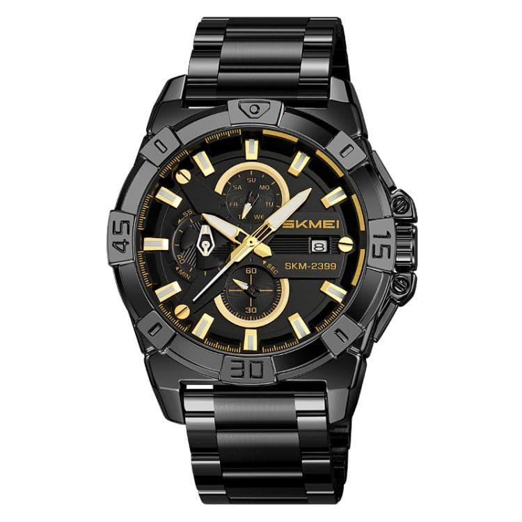SKMEI 2399 Orologio al quarzo con cinturino in acciaio a tre occhi e sei perni, orologio da uomo business casual (nero oro) - Immagine 1