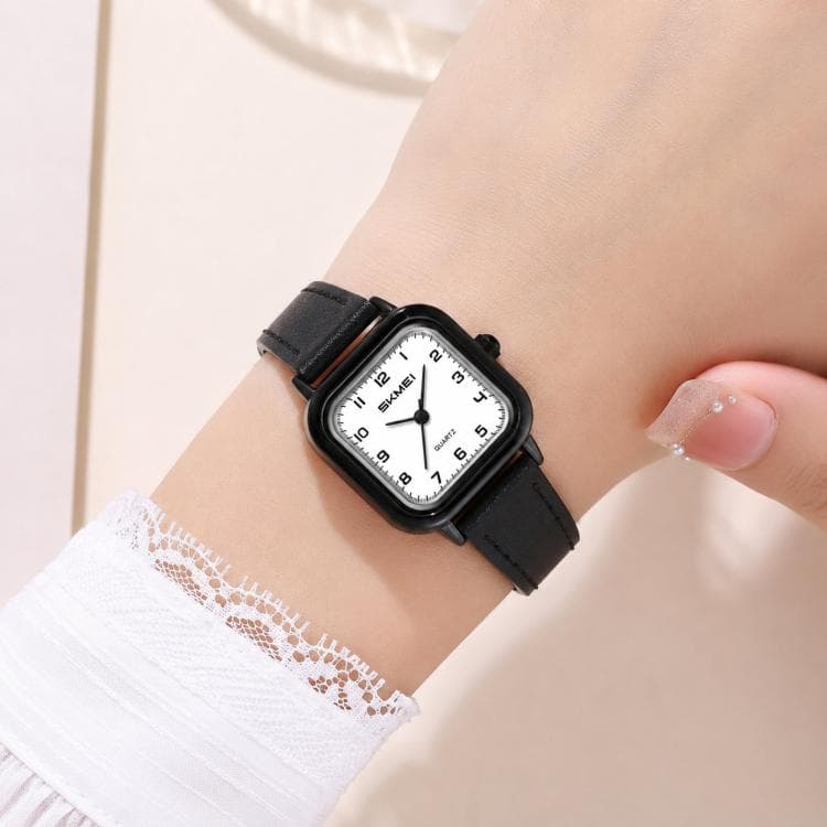 SKMEI 2579 Orologio da donna quadrato al quarzo con cinturino in pelle (cassa nera, cinturino nero) - Immagine 1
