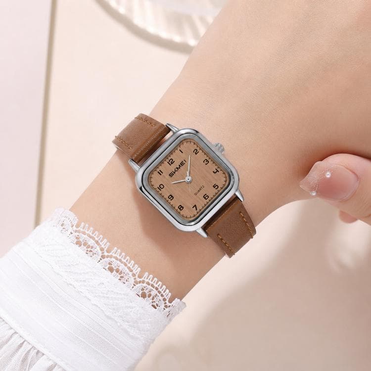SKMEI 2579 Orologio da donna quadrato al quarzo con cinturino in pelle (cassa argento, cinturino marrone) - Immagine 1