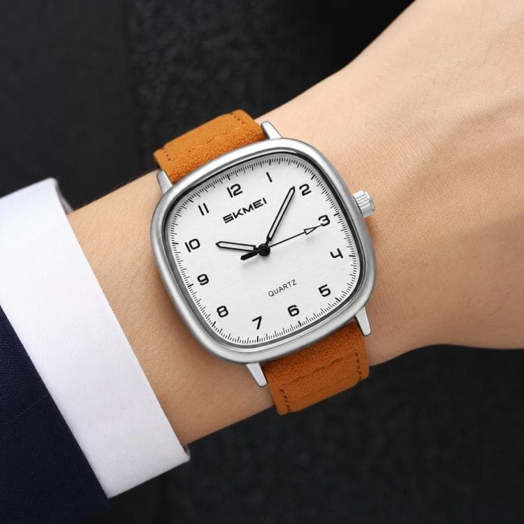 SKMEI 2586 Orologio da polso quadrato uomo al quarzo minimalista vintage cinturino in pelle (cassa oro cinturino marrone) - Immagine 1