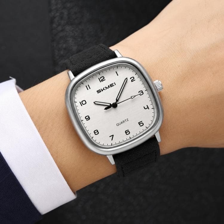SKMEI 2586 Orologio da polso quadrato al quarzo uomo, cinturino in pelle minimalista retrò (cassa argento, cinturino nero) - Immagine 1