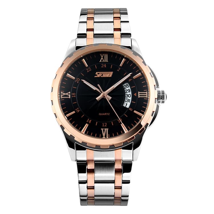 SKMEI 9069 Orologio da polso al quarzo multifunzionale da esterno, elegante, impermeabile, con cassa dorata e cinturino in acciaio inossidabile (Oro) - Immagine 1
